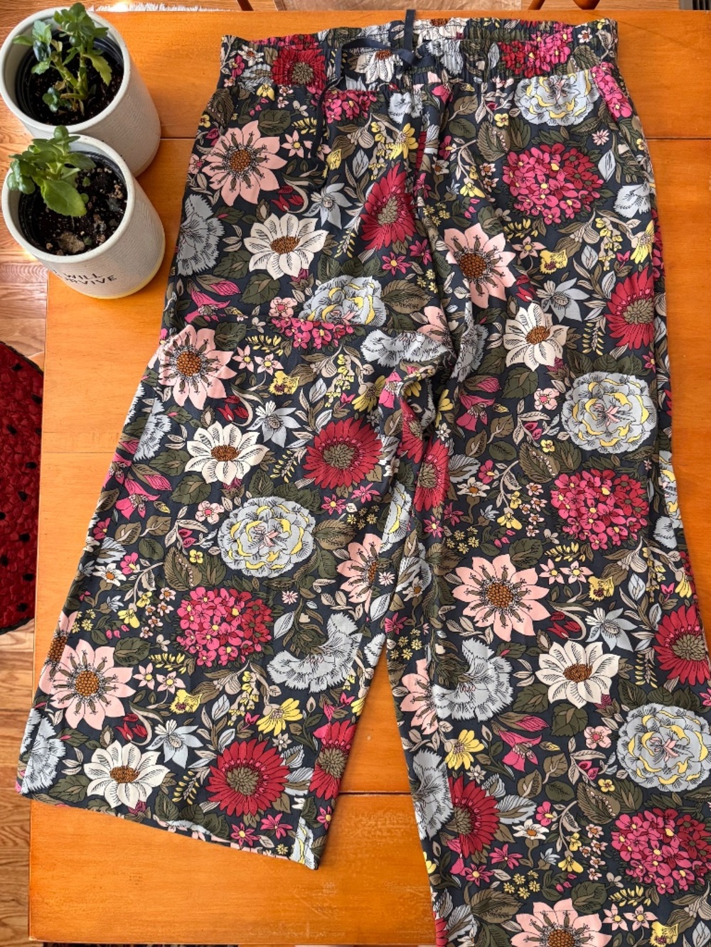 LOFT Floral Wide Leg Pants Large Rayon Drawstring Pull-On Pockets Cottagecore - Picture 3 of 7